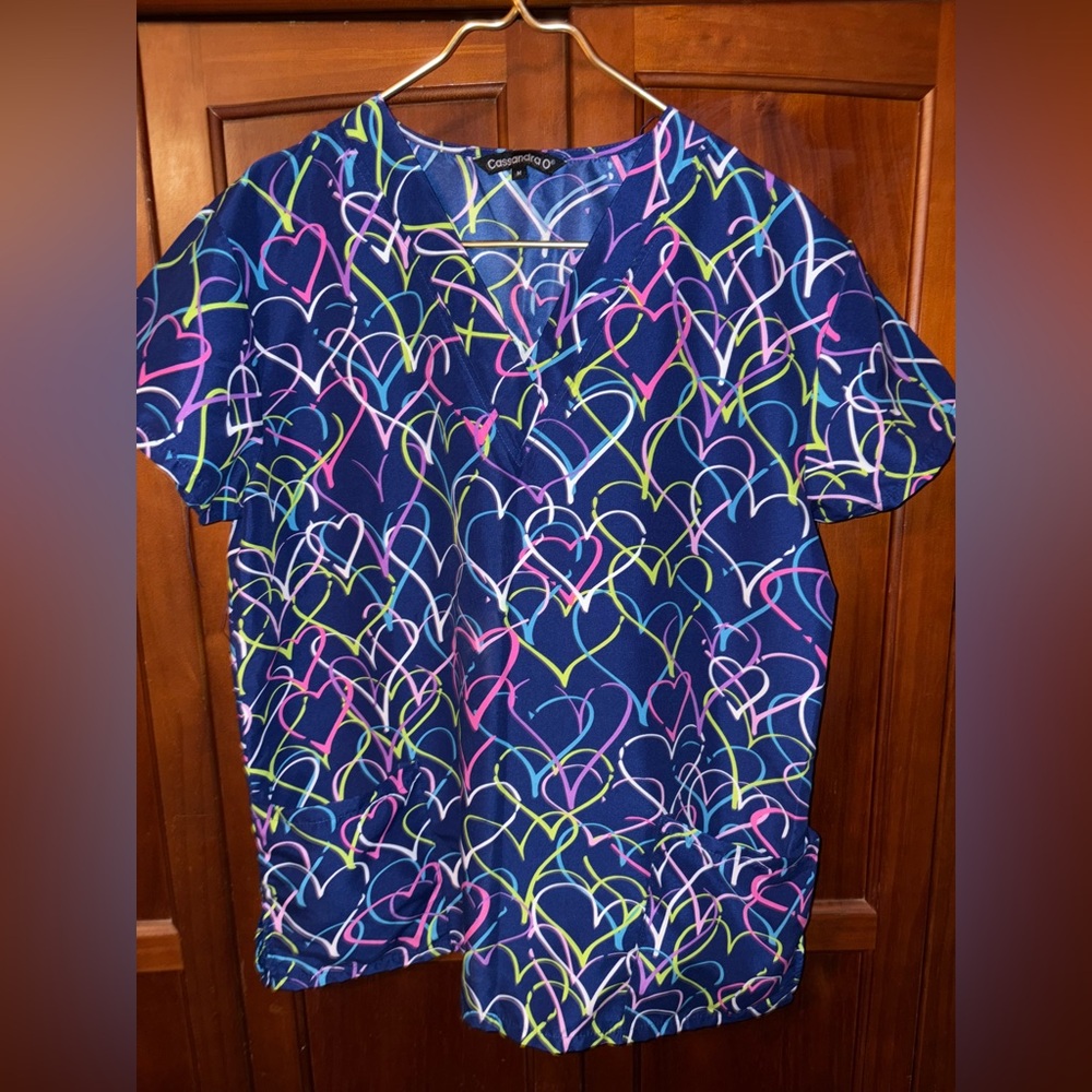 Cassandra Blue Heart Pattern Scrub Top
